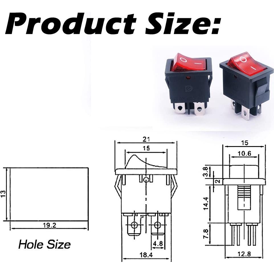 Interruptor Rocker Iluminado DPST 5 Pcs Mxuteuk Rojo 250V 6A