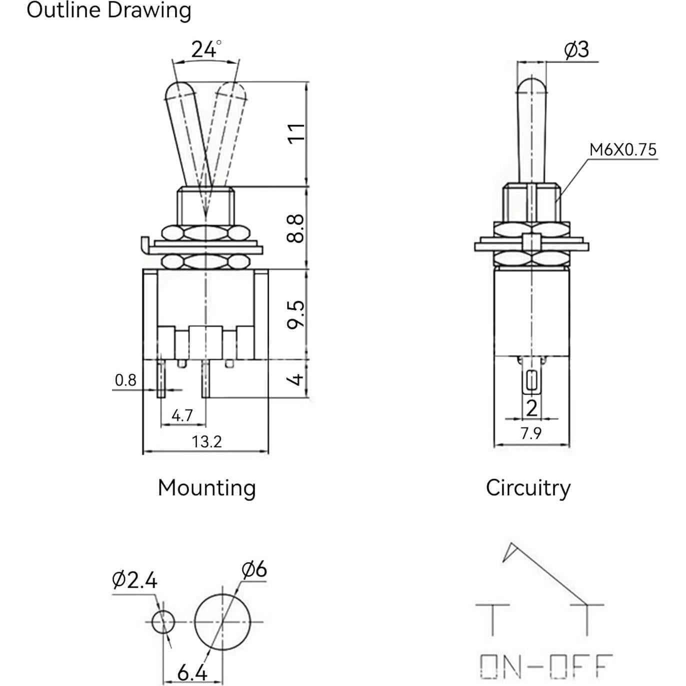 10 Interruptores de Palanca MTS-101 6A 125V 2 Pines ON/OFF