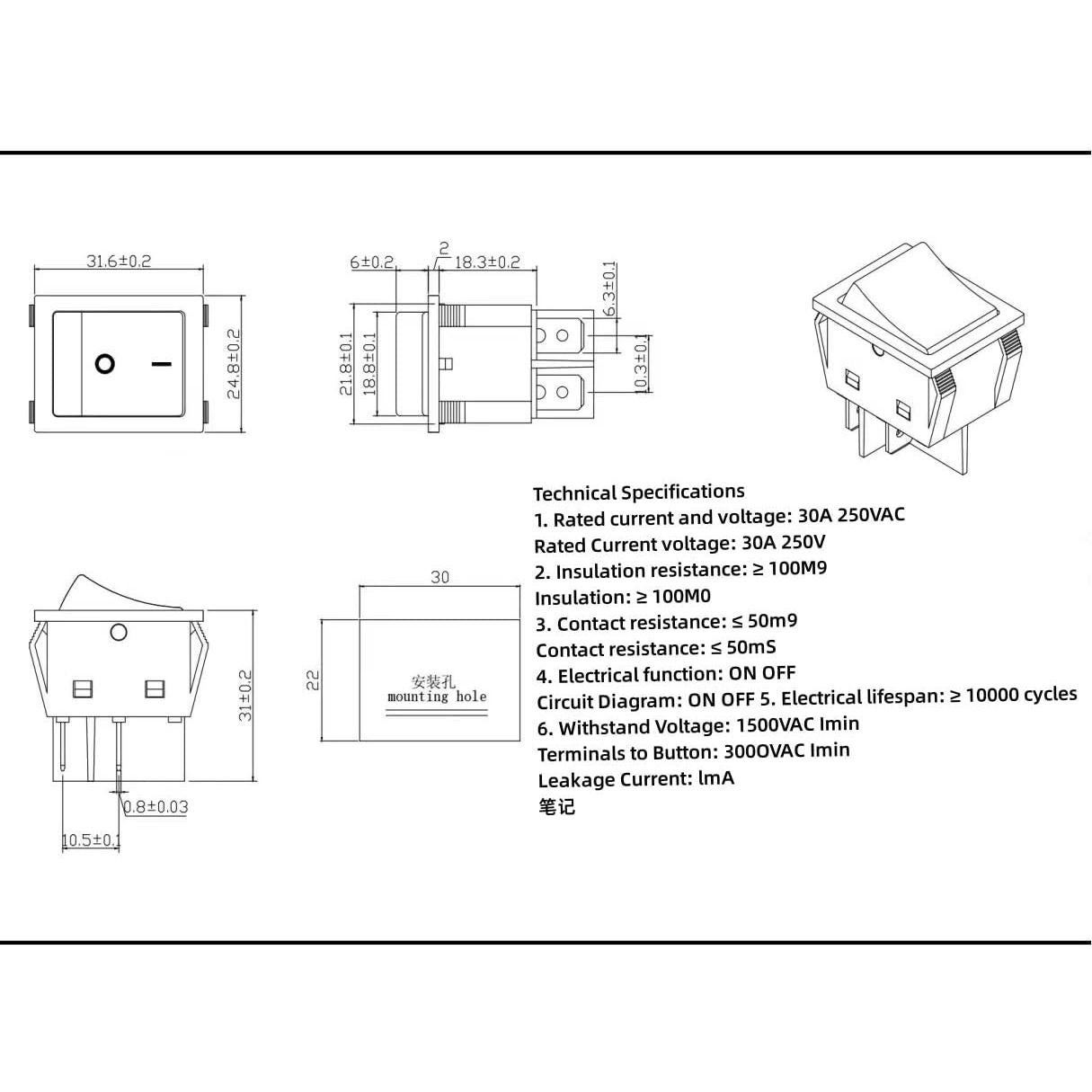 Interruptor Rocker KCD4 DPST 30A 250V con Luz Roja
