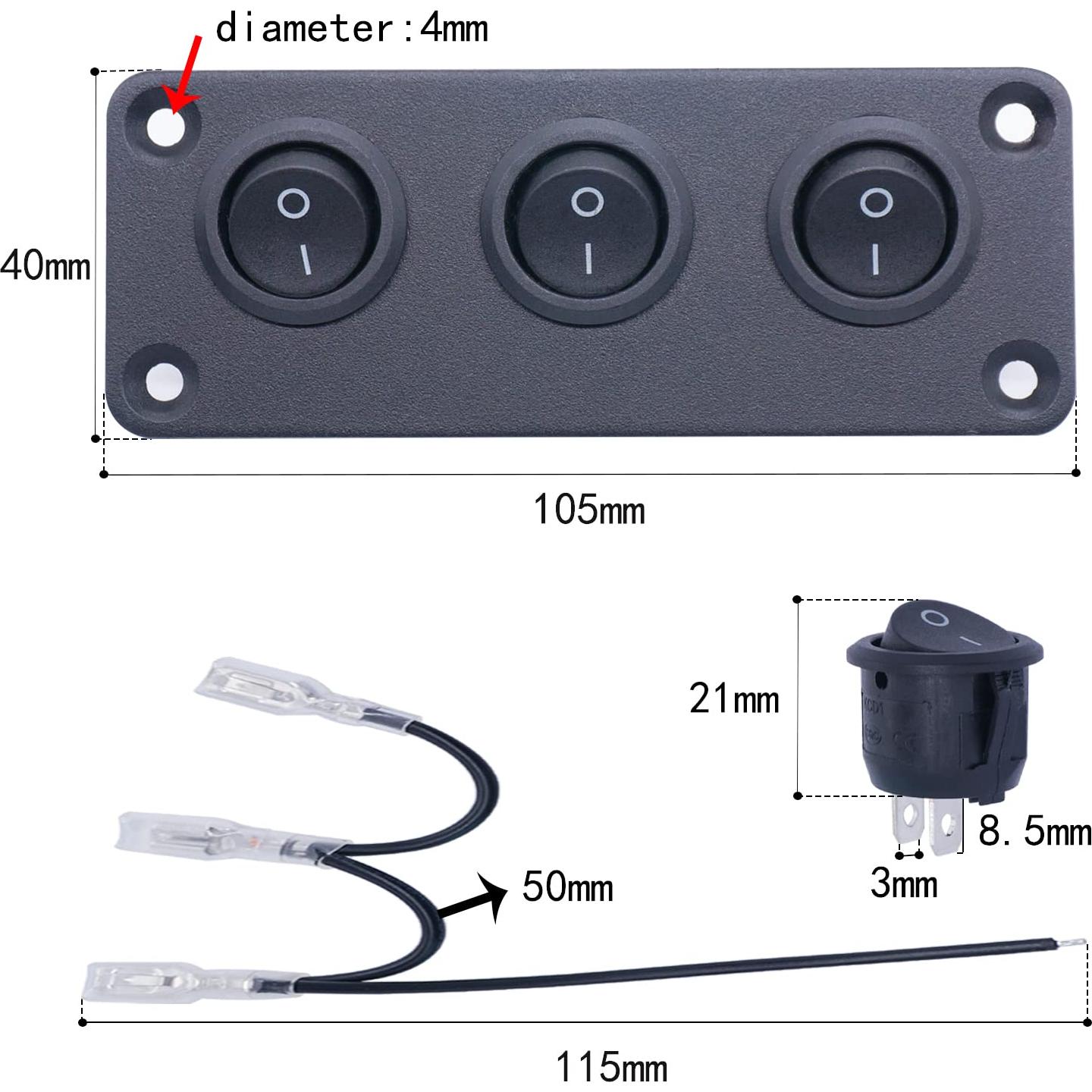 Interruptor Rocker 3 Gang TWTADE 12V ON/OFF 6A/250V