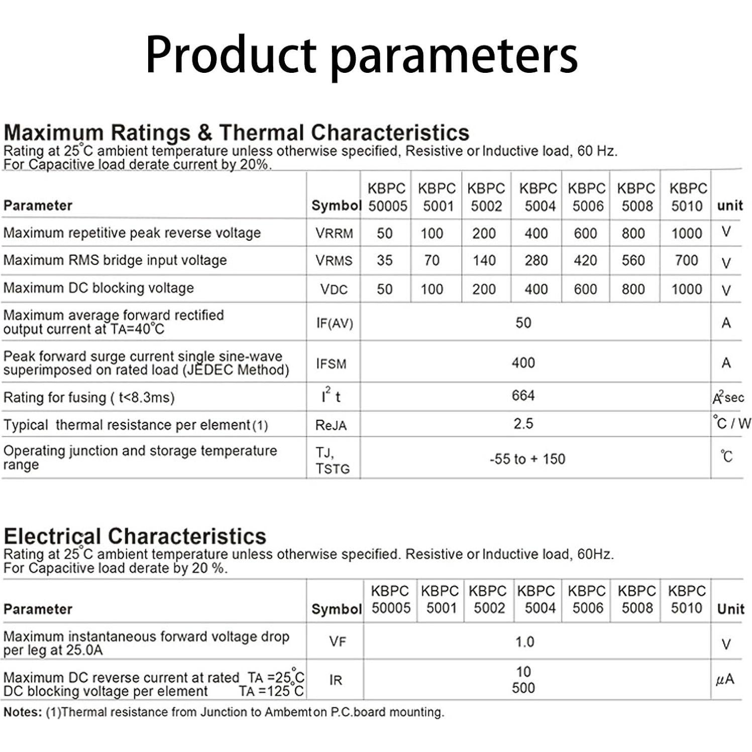 Diodo Rectificador de Puente Yetaida KBPC5010 50A 1000V 5PCS