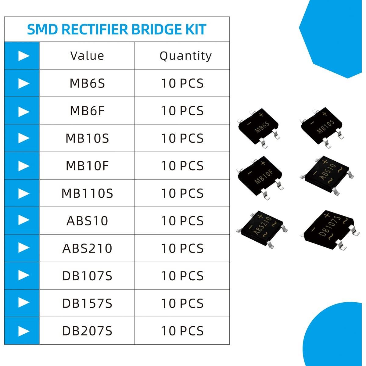 Kit 100pcs Puentes Rectificadores SMD KOKISO - 10 Valores