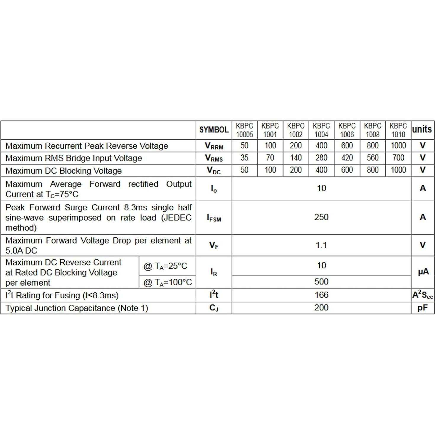Rectificador de Puente Diodo FAYLEZ KBPC1010 10A 1000V 4 Pines