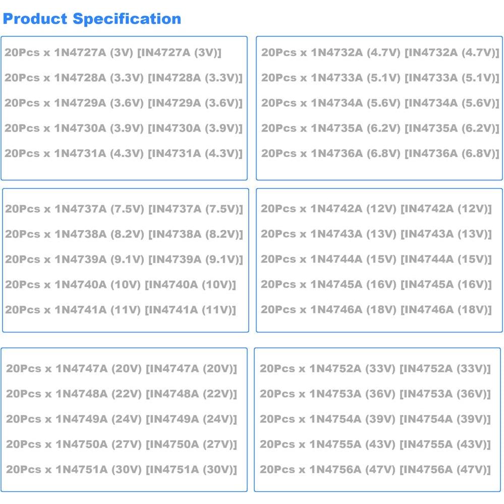 Kit de Diodos Zener 1W GuuYebe 600PCS 30 Valores DO-41