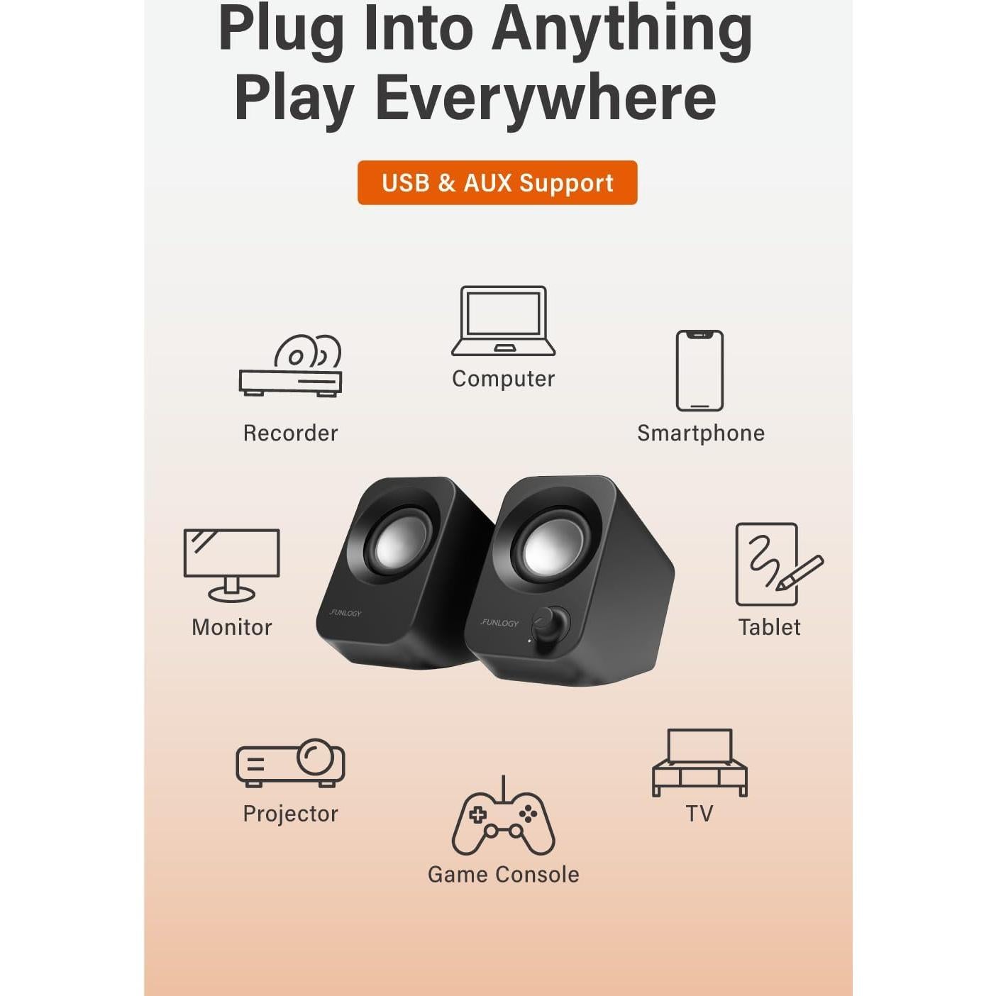 Altavoz Estéreo FUNLOGY 14W USB Compacto Negro