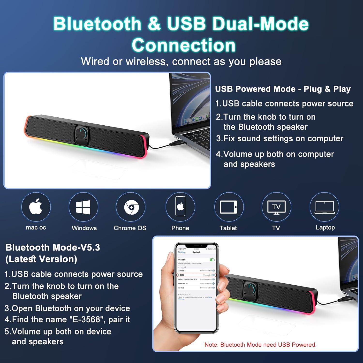 Barra de Sonido USB Bluetooth BUSP-HYY E-3568 con RGB 2.0