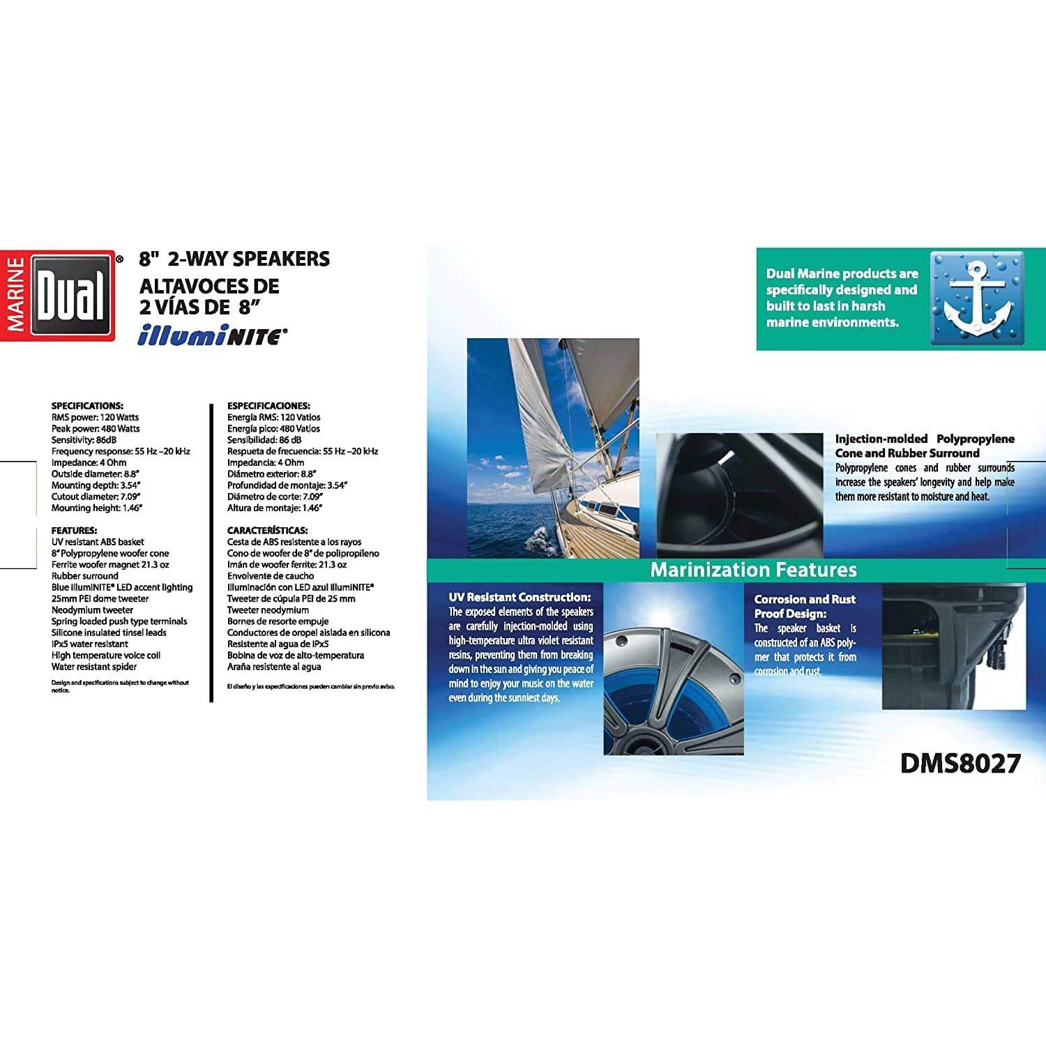 Altavoces Marinos Dual Electronics DMS8027 8" 2 Vías LED Azul