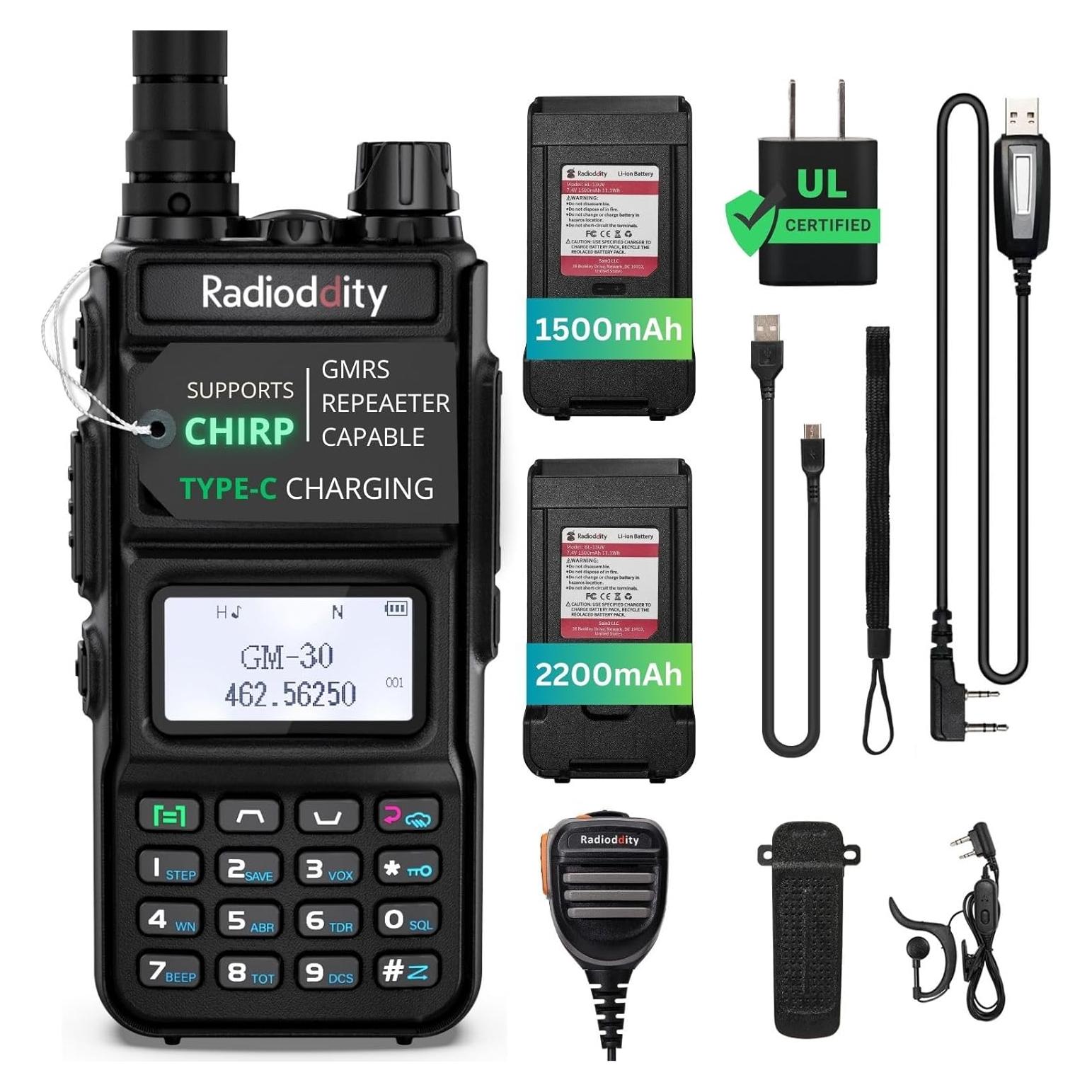 Radio de Mano GMRS Radioddity GM-30 con 2 Baterías y Micrófono