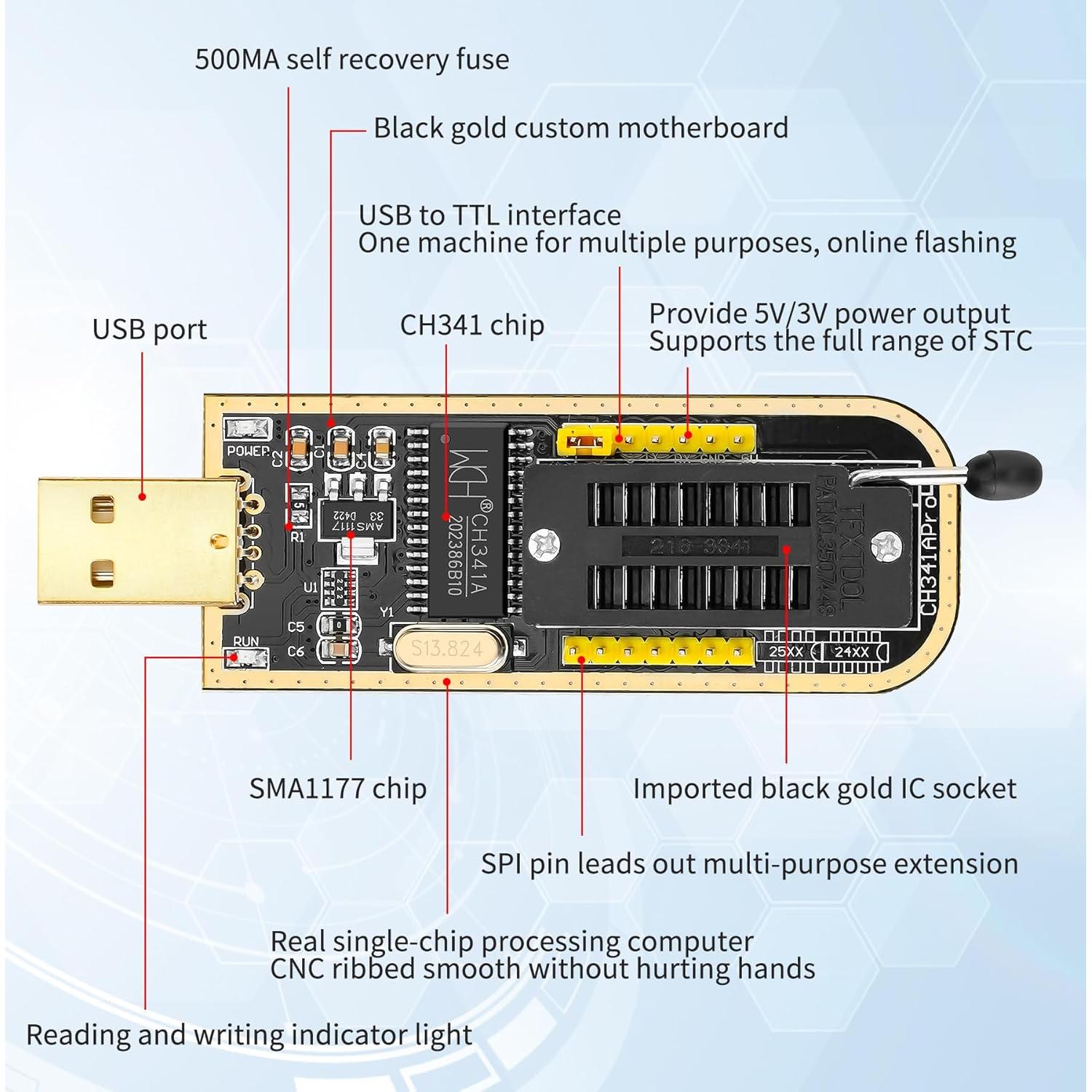 Programador BIOS USB CH341A con Clip SOP8 Doble - 24/25/93C46