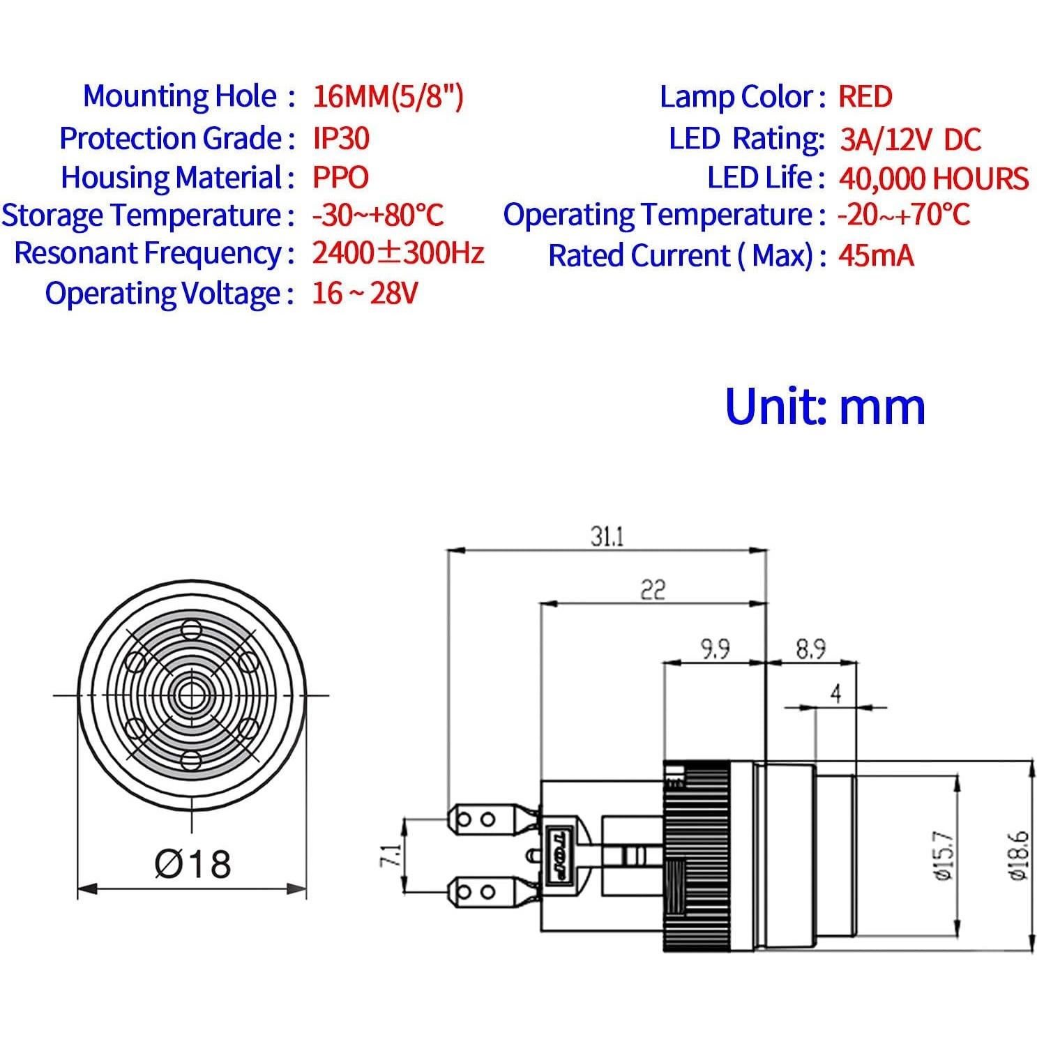 Buzzer 16MM Rojo 12V CC LED ZJWZJH 2Pcs Alarma Panel