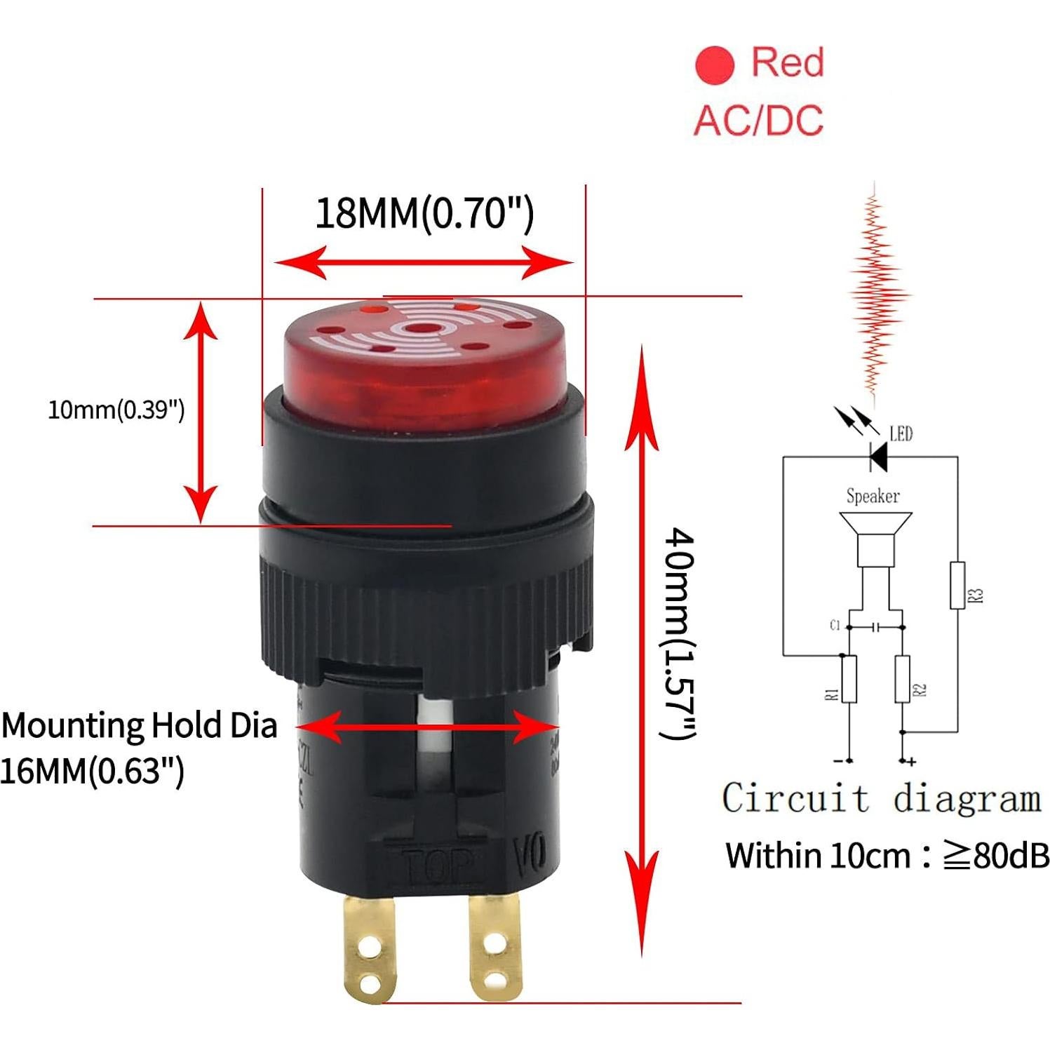 Buzzer 16MM Rojo 12V CC LED ZJWZJH 2Pcs Alarma Panel