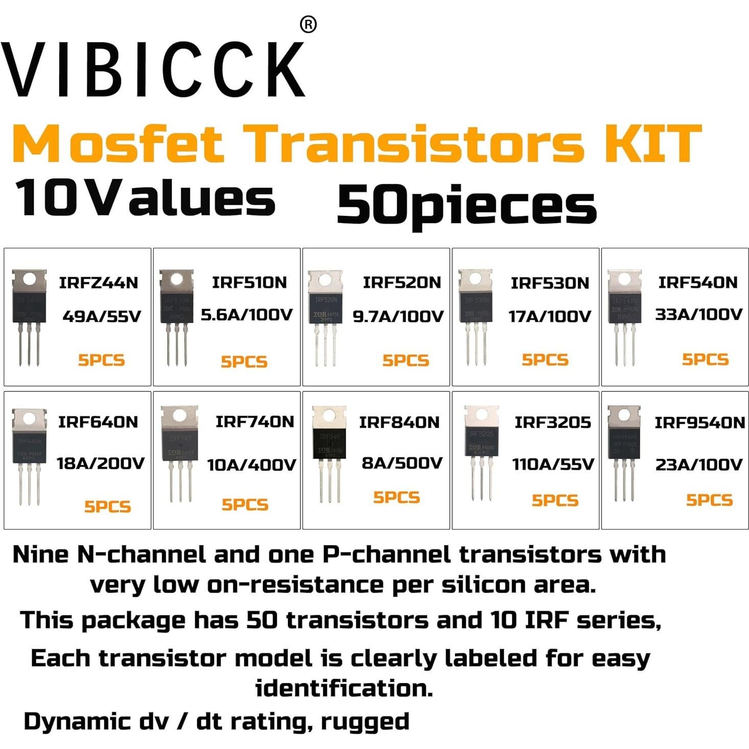Kit 50 Transistores MOSFET VIBICCK IRFZ44N IRF510N y más