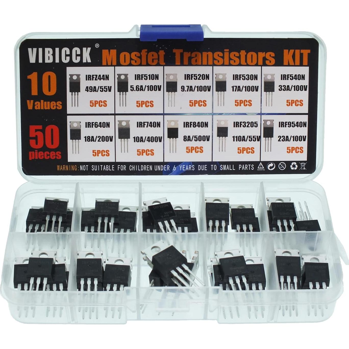 Kit 50 Transistores MOSFET VIBICCK IRFZ44N IRF510N y más