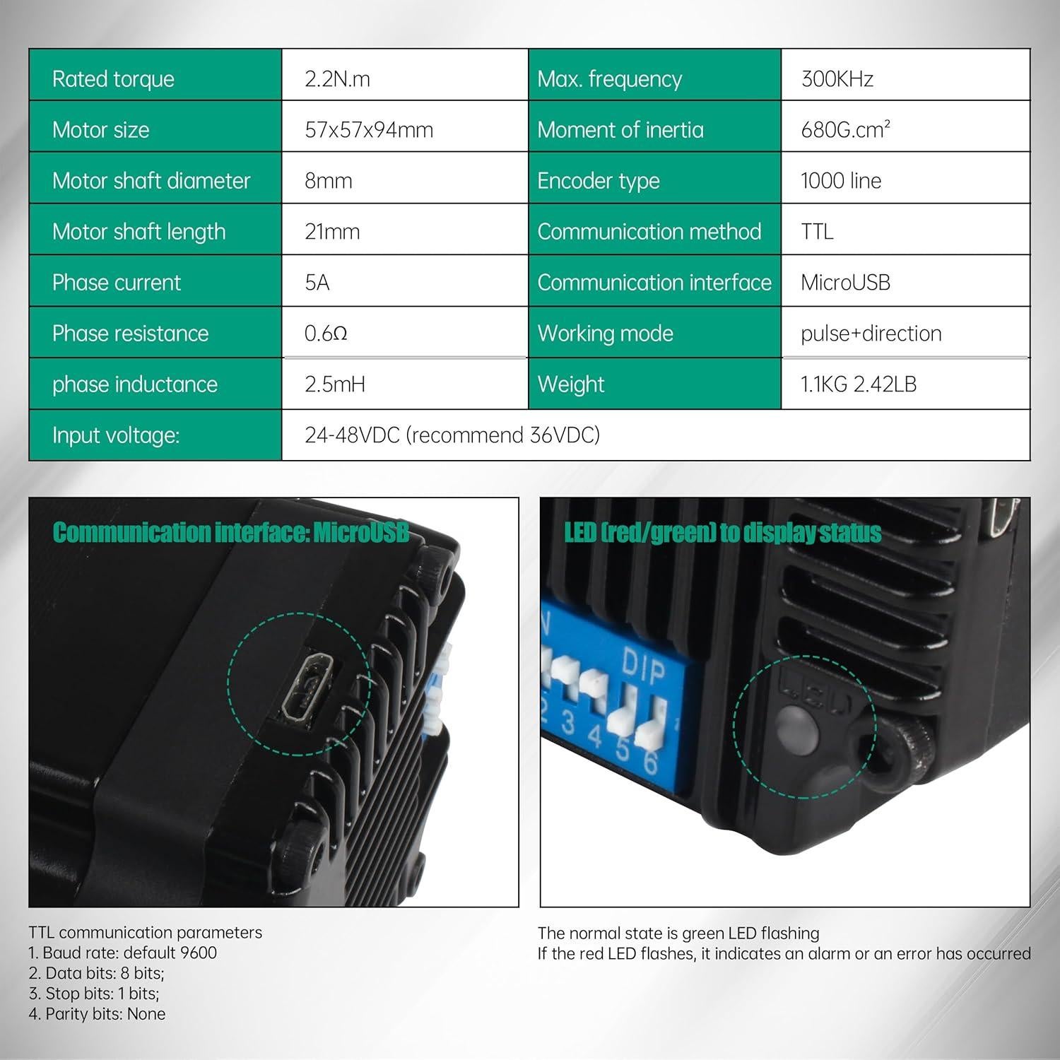 Motor Paso a Paso Cerrado Nema23 2.2N.m 3000RPM 24-60V DC