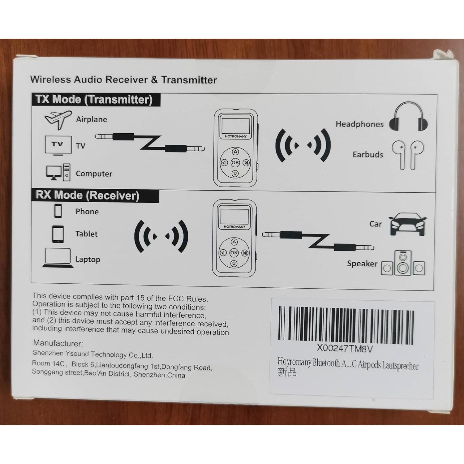 Transmisor Receptor Bluetooth 5.3 Hoyroamny YS100 25H Batería