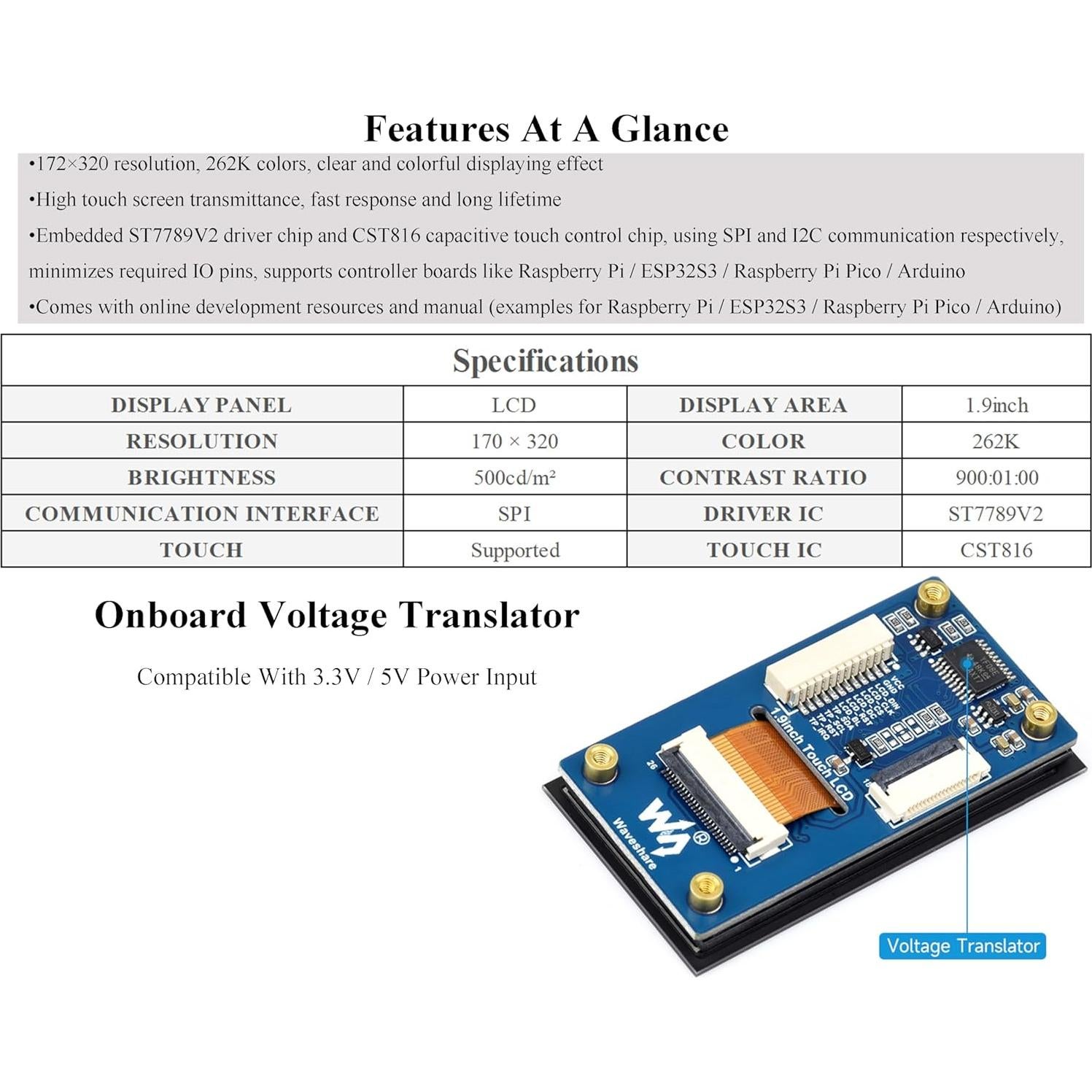 Módulo Pantalla LCD Táctil 1.9" Wonrabai 172x320 IPS