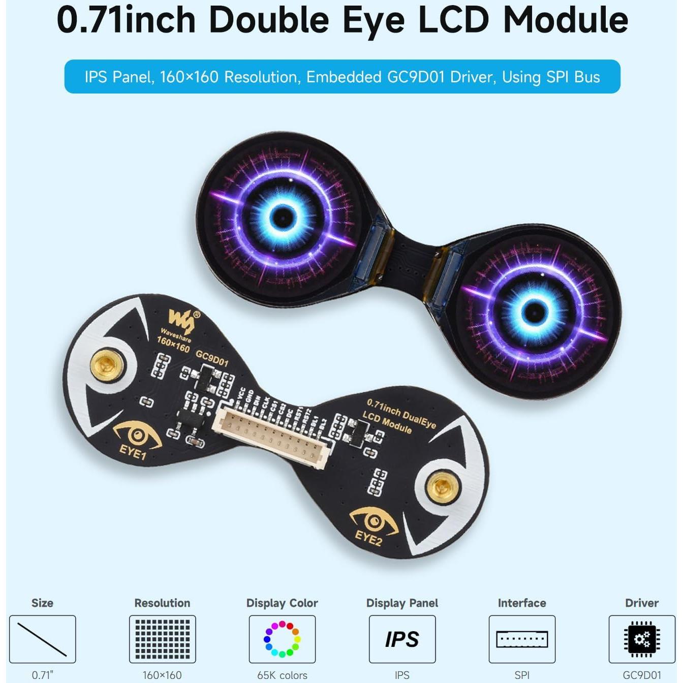 Módulo LCD Doble Redondo 0.71" Waveshare 160x160 IPS