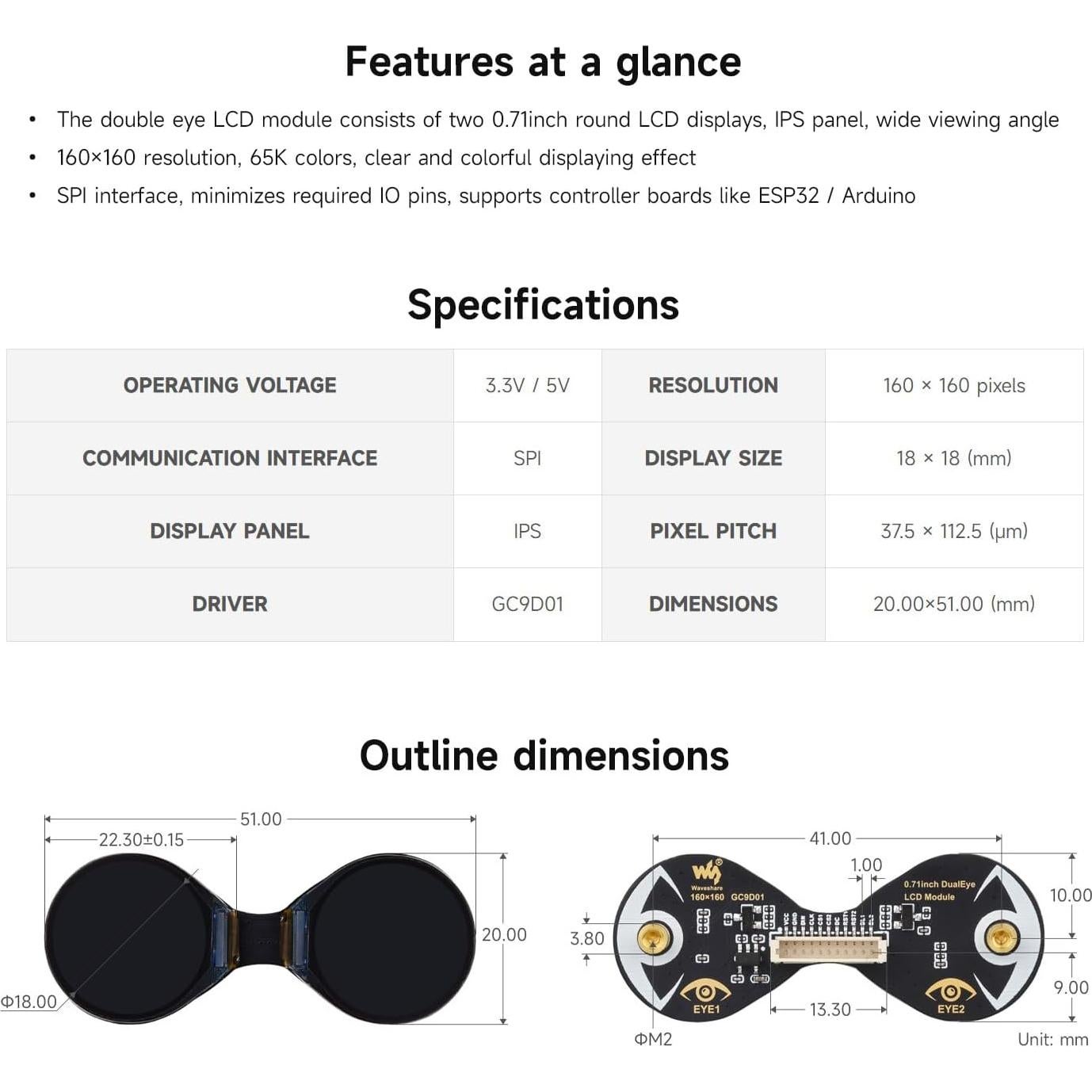 Módulo LCD Doble Redondo 0.71" Waveshare 160x160 IPS