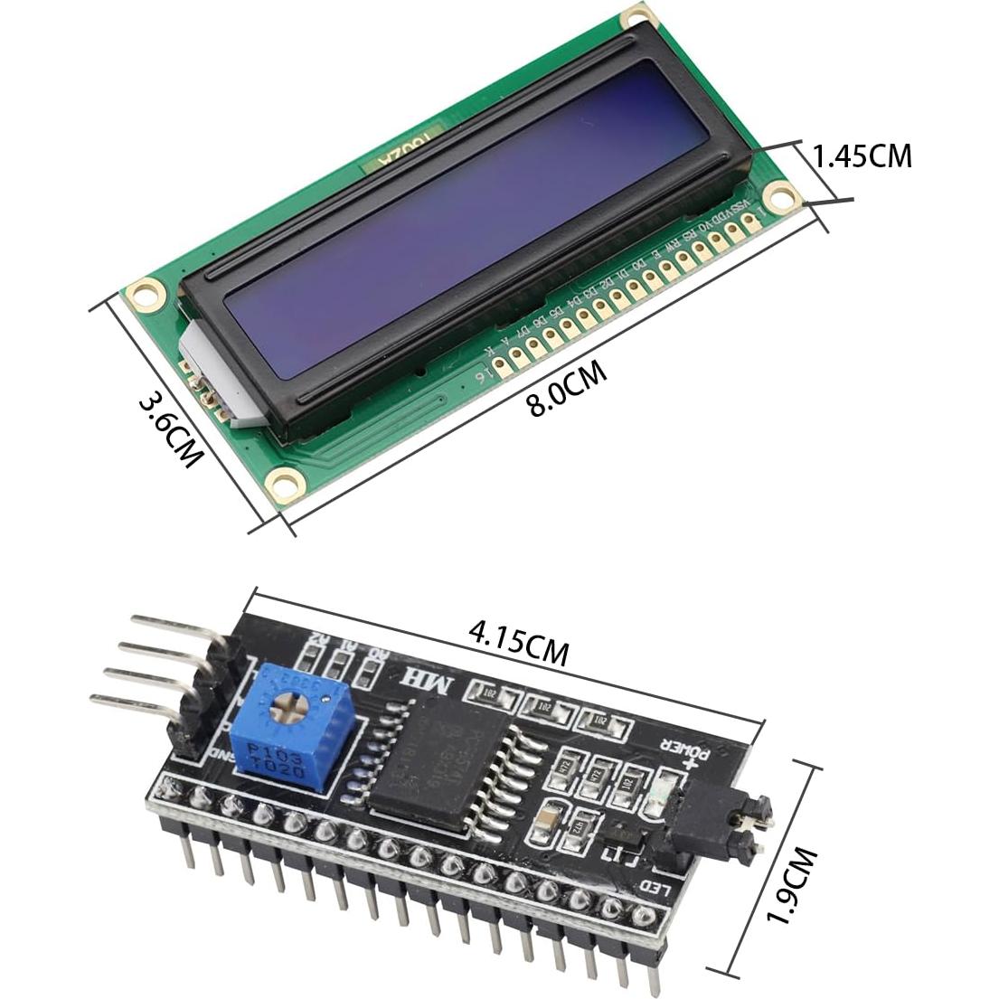 2 Módulos LCD 1602 Azul + 2 Interfaz I2C 8P Macho/Hembra