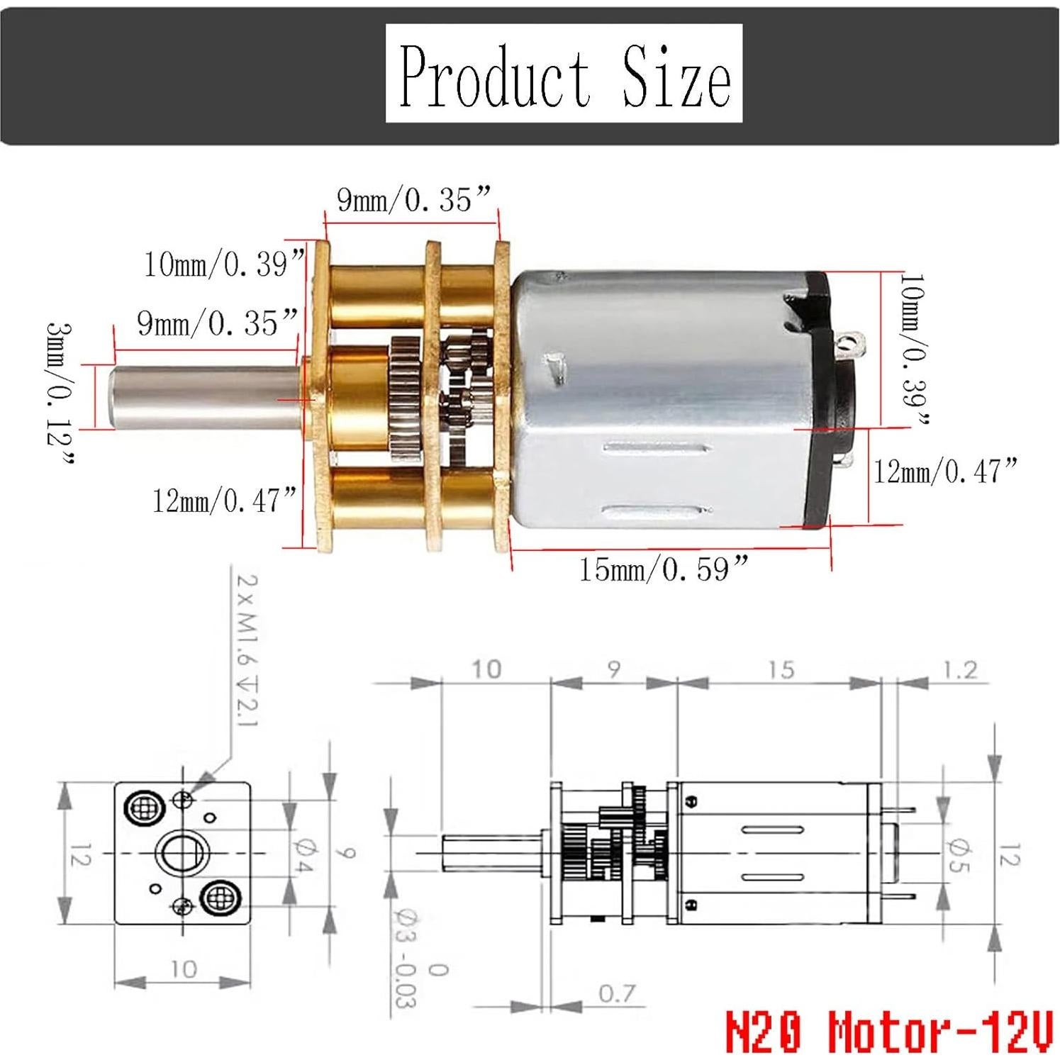 Motor de Engranaje DC 12V 1000RPM GA12-N20 Metal 3mm Eje - 2 Pcs