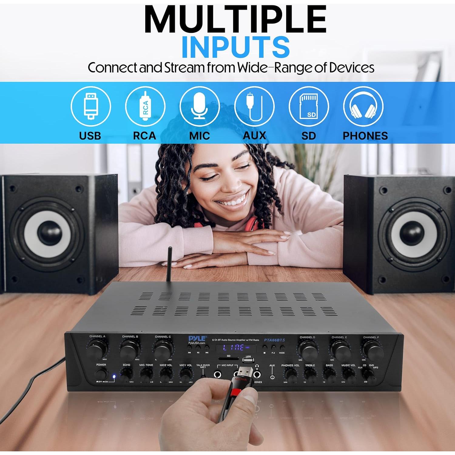 Amplificador de Audio Bluetooth Pyle PTA66BT 600W 6 Canales