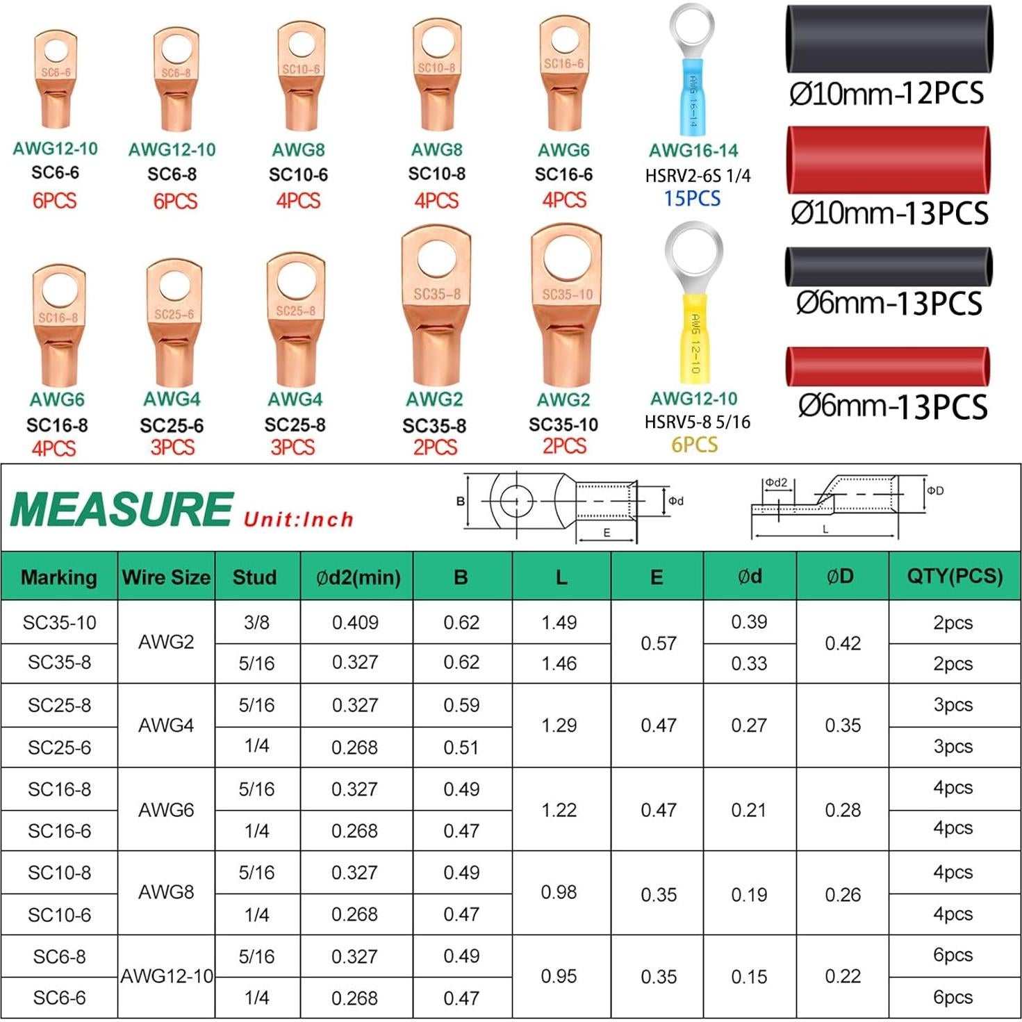 Kit 110PCS Terminales de Cable de Batería Twidec AWG 2-16