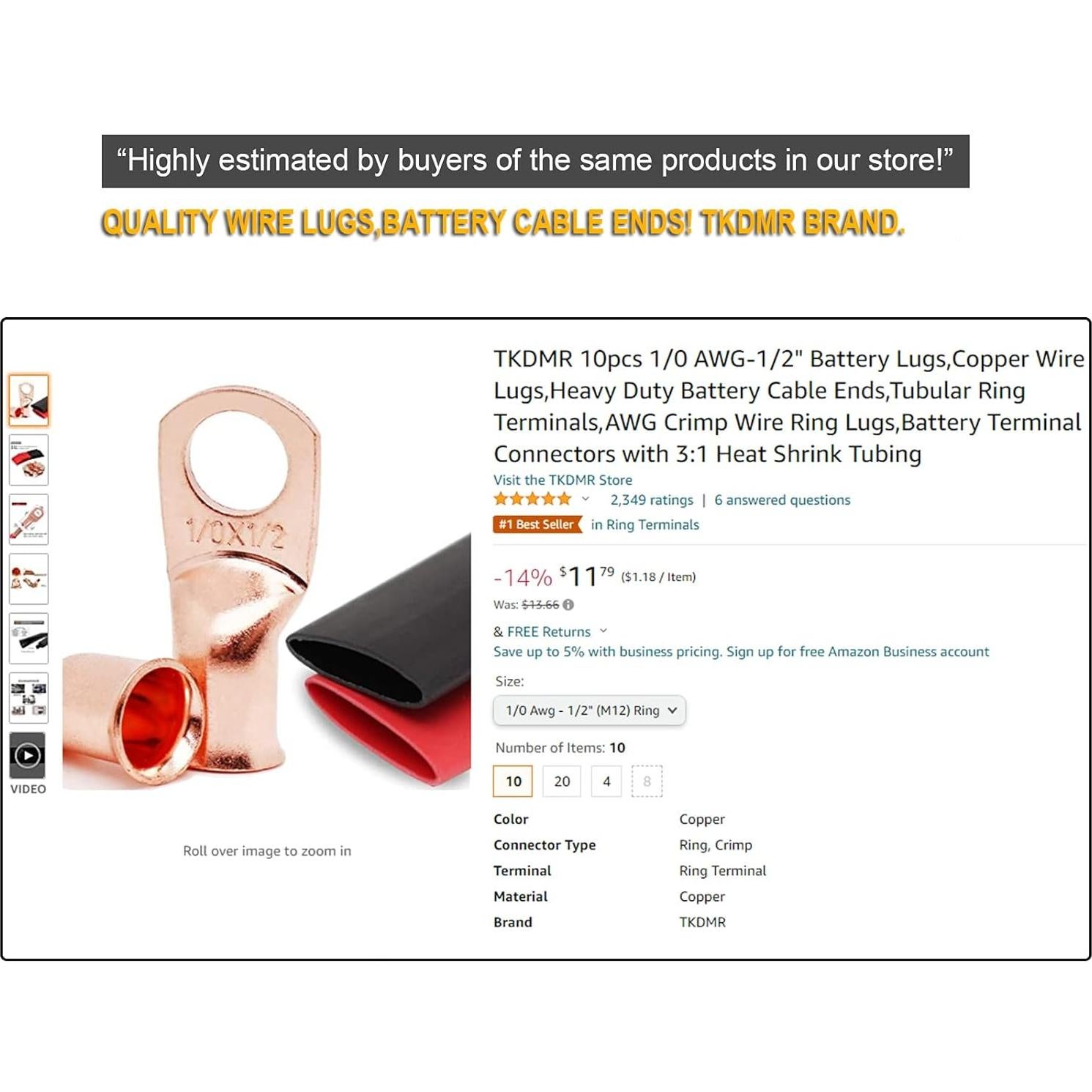 Terminales de Anillo de Cobre TKDMR 8 AWG 10 Pcs con Tubo Termocontraíble