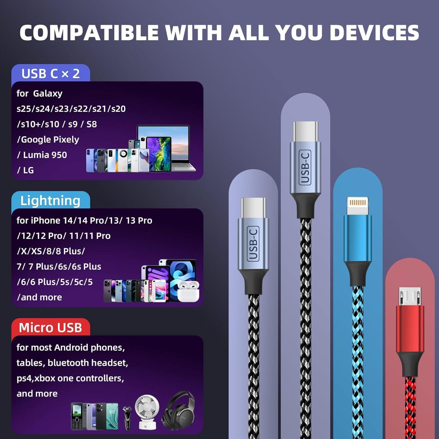 Cable de Carga Múltiple 4 en 1 Jogrytece 1.52m USB-C/iPhone/Micro