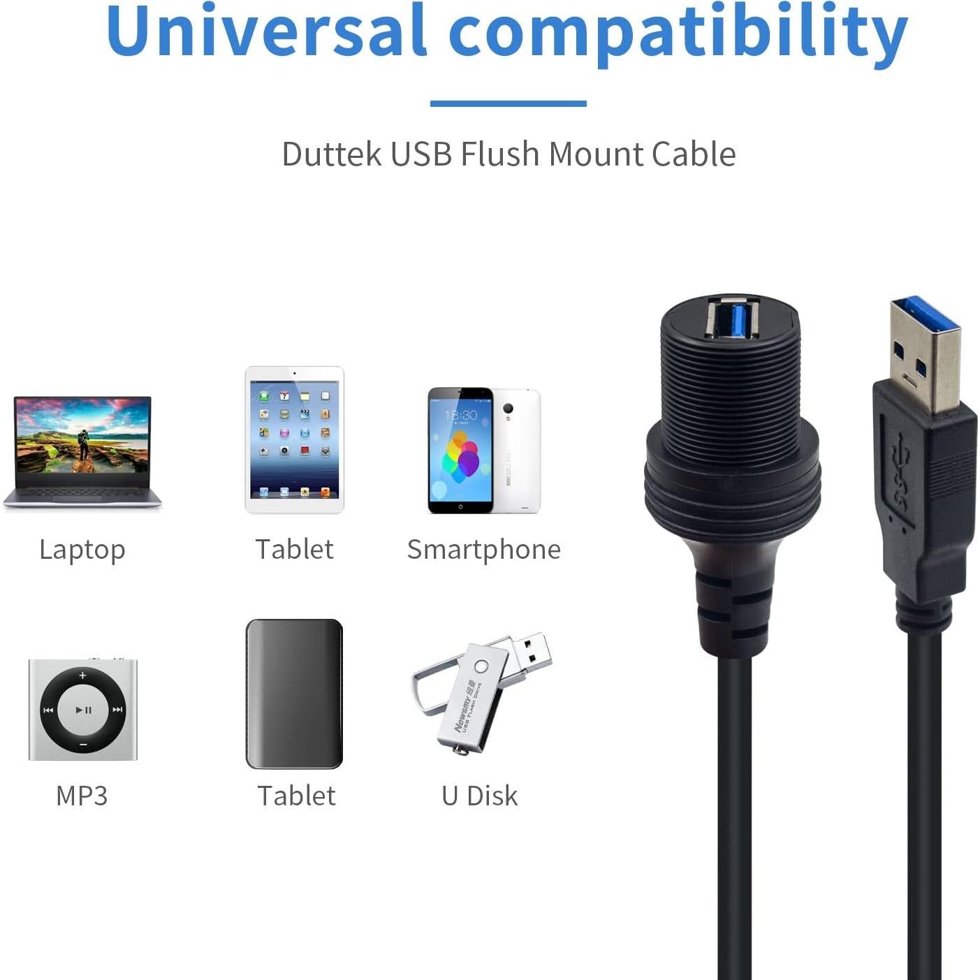 Cable de Montaje Flush USB 3.0 Duttek 30cm para Vehículos
