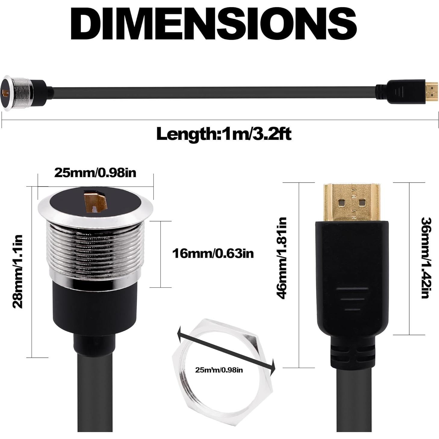 Cable HDMI de Montaje en Panel 1M HUAXU - Extensión Macho a Hembra