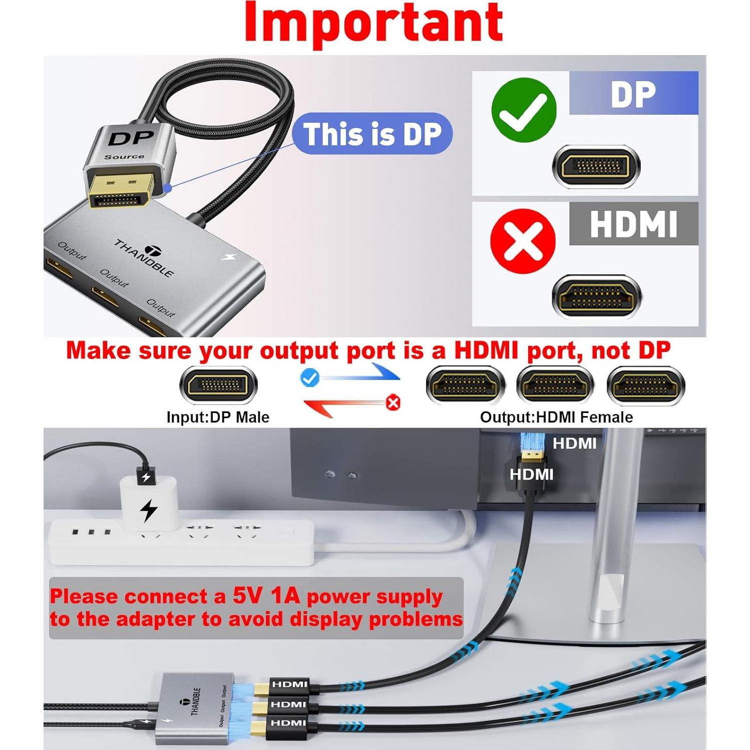 Divisor DisplayPort a 3 HDMI THANDBLE 4K@60Hz MST Hub