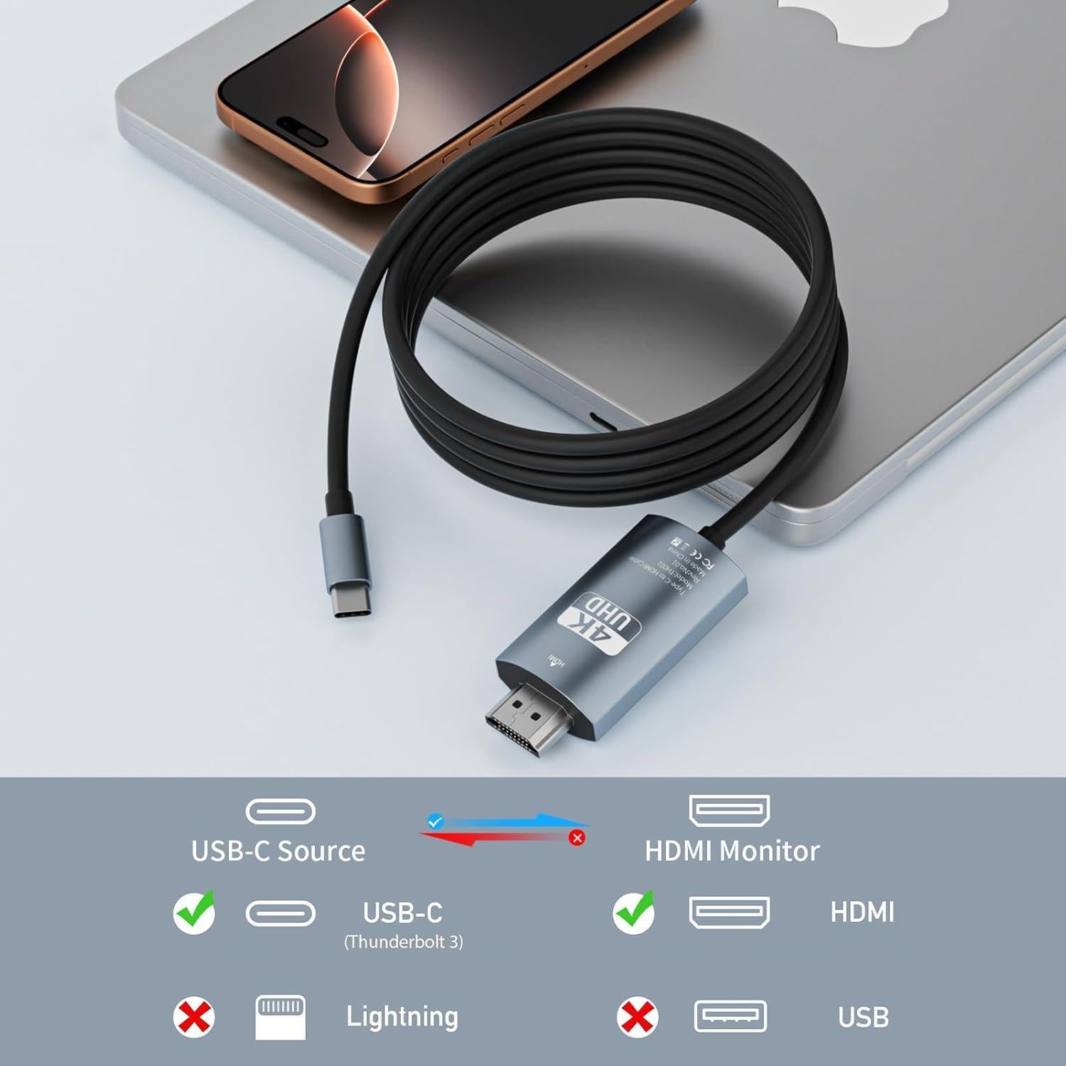 Cable USB C a HDMI 2m 4K@60Hz Belcompany - Compatible con iPhone y Mac