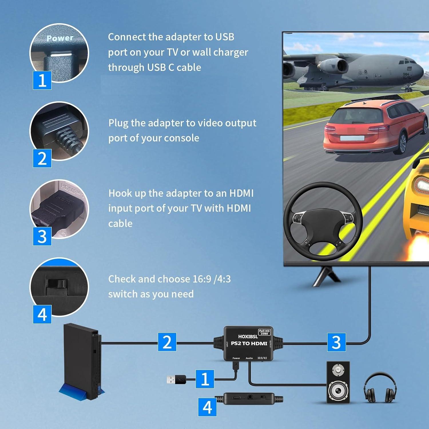 Adaptador HDMI para PS1/PS2/PS3 HOXIBSL 1.98m con Audio 3.5mm