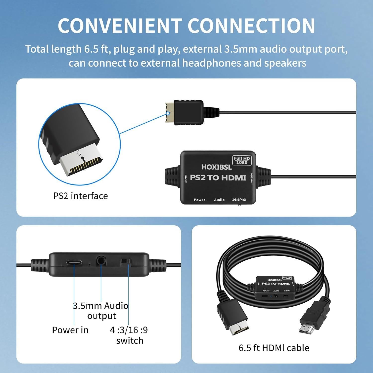 Adaptador HDMI para PS1/PS2/PS3 HOXIBSL 1.98m con Audio 3.5mm
