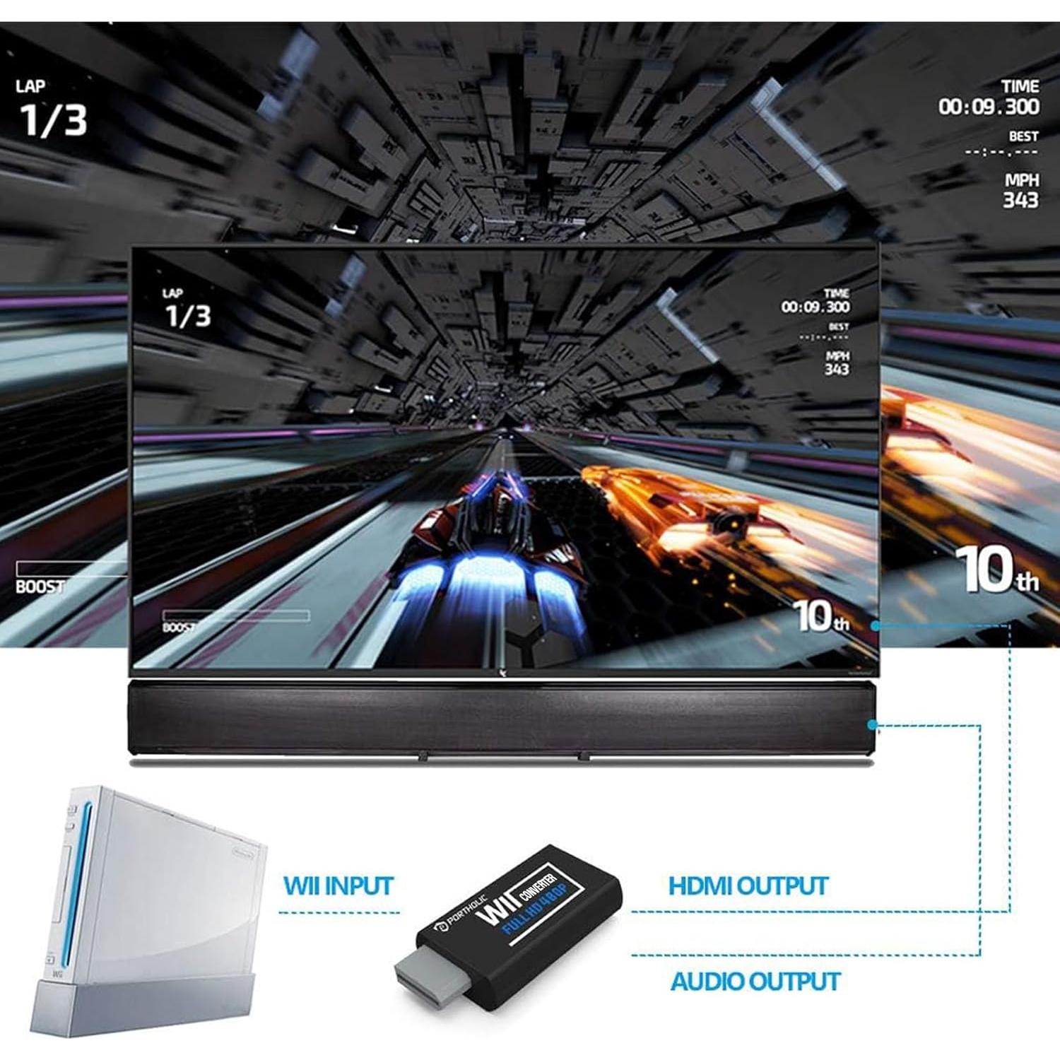 Adaptador Wii a HDMI PORTHOLIC 1080P con jack 3.5mm