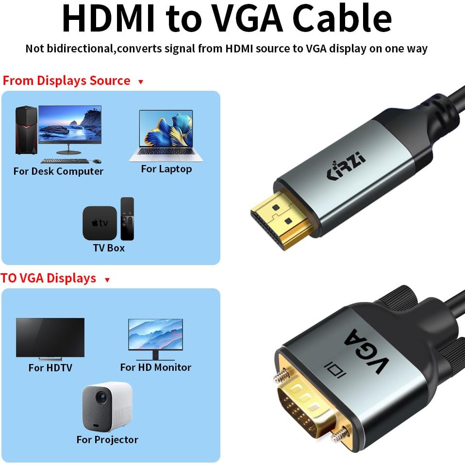 Cable HDMI a VGA Kirzi 1.52m Unidireccional Alta Calidad