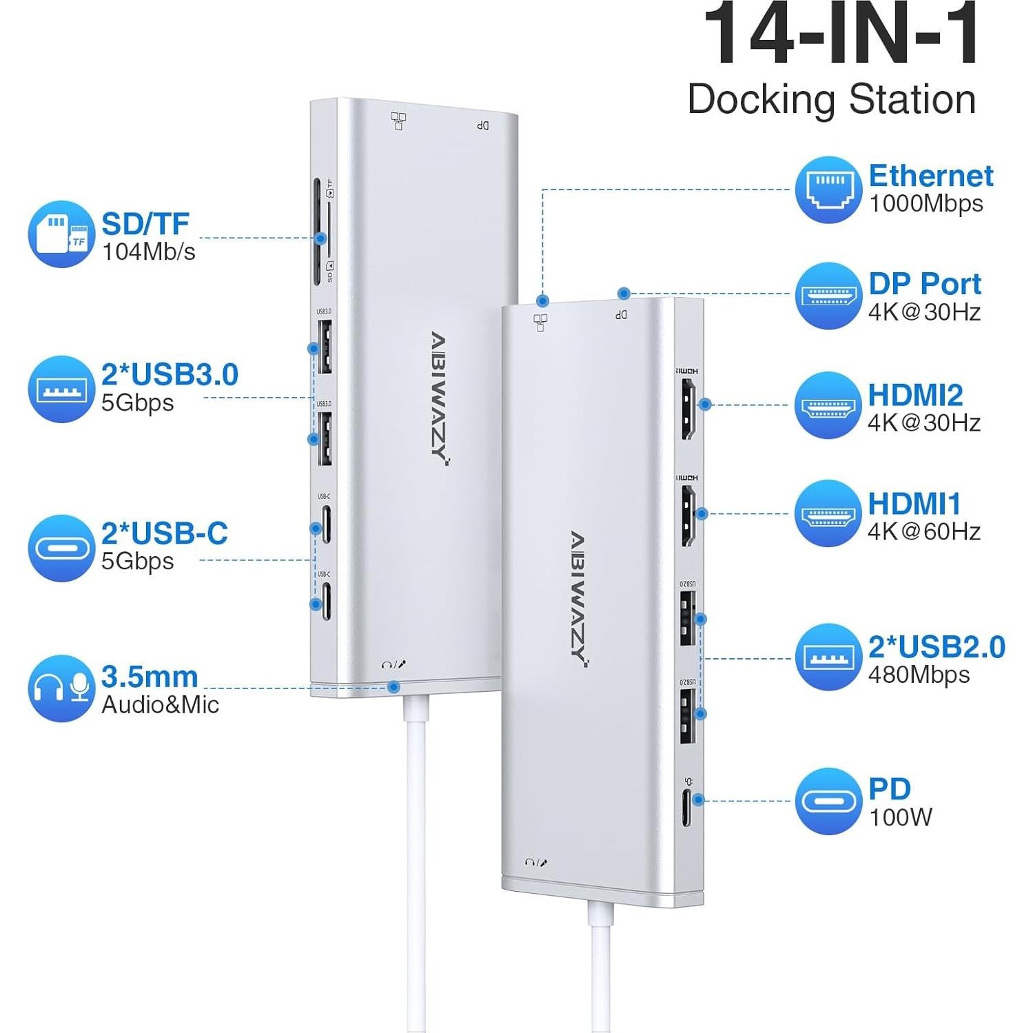 Estación de Acoplamiento USB-C 14 en 1 ABIWAZY Plata