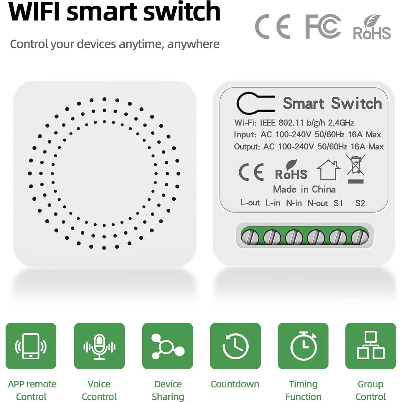 Interruptor Relé Inteligente VIPMOON WiFi 16A Control App