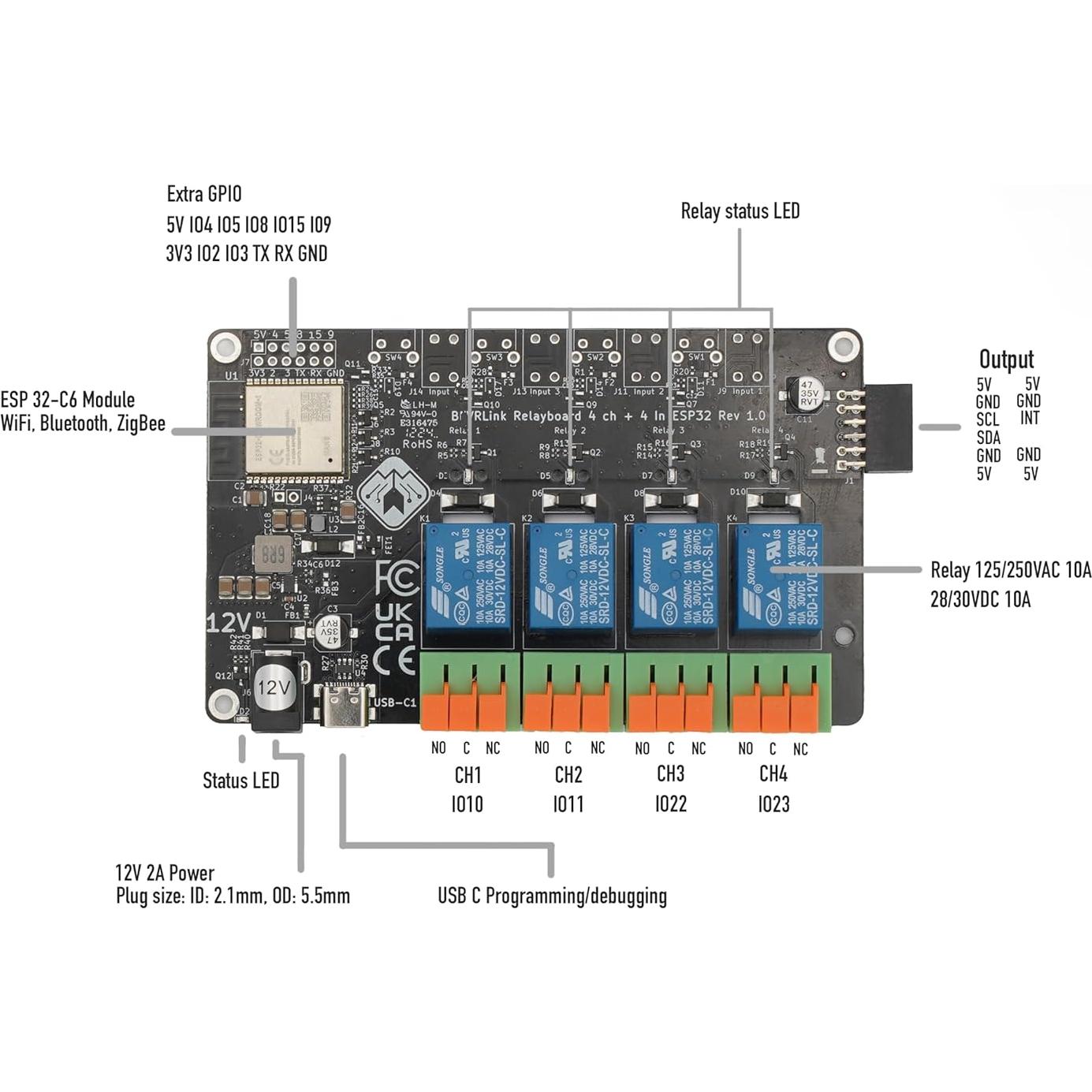 Módulo de Relé 4 Canales BEVRLink ESP32-C6 WiFi Bluetooth Zigbee