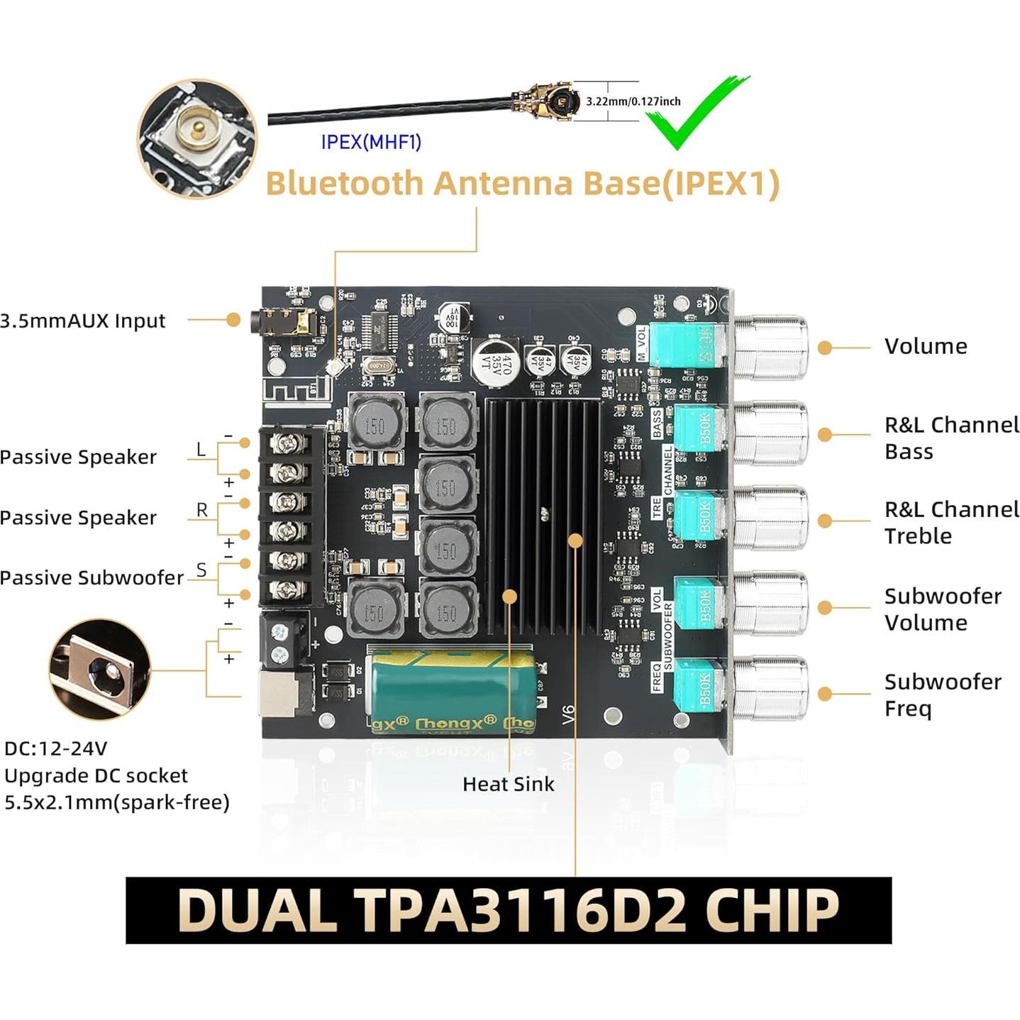 Placa Amplificadora ZK-TB21 Bluetooth 5.1 2.1 Canal 50W+50W+100W