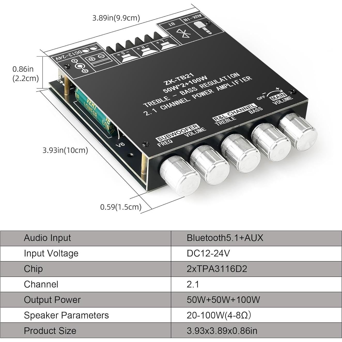 Placa Amplificadora ZK-TB21 Bluetooth 5.1 2.1 Canal 50W+50W+100W
