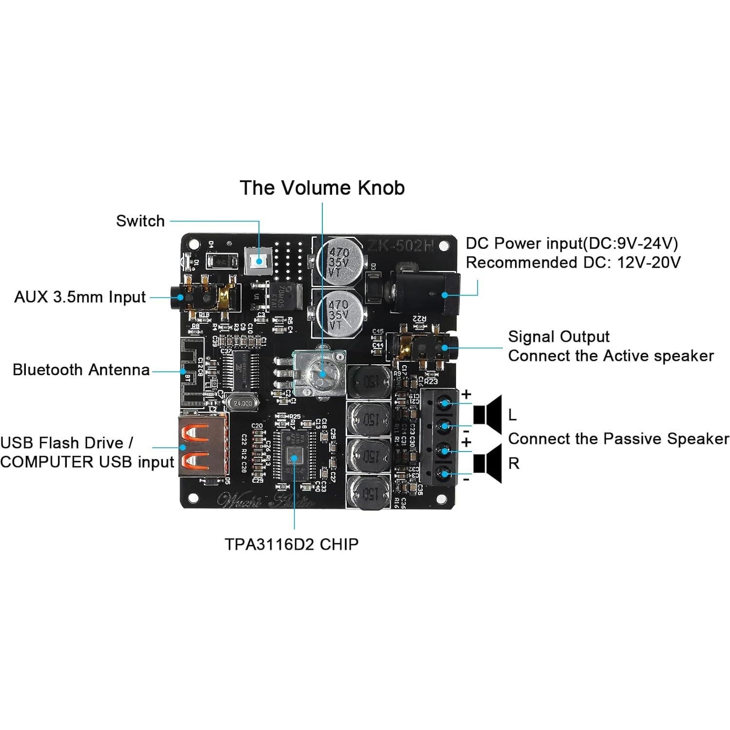 Amplificador Bluetooth Diitao ZK-502H 50W Doble Canal AUX/USB