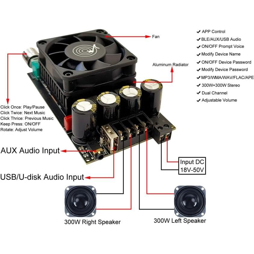 Módulo Amplificador DONGKER ZK-3002B 300W+300W Bluetooth 2.0