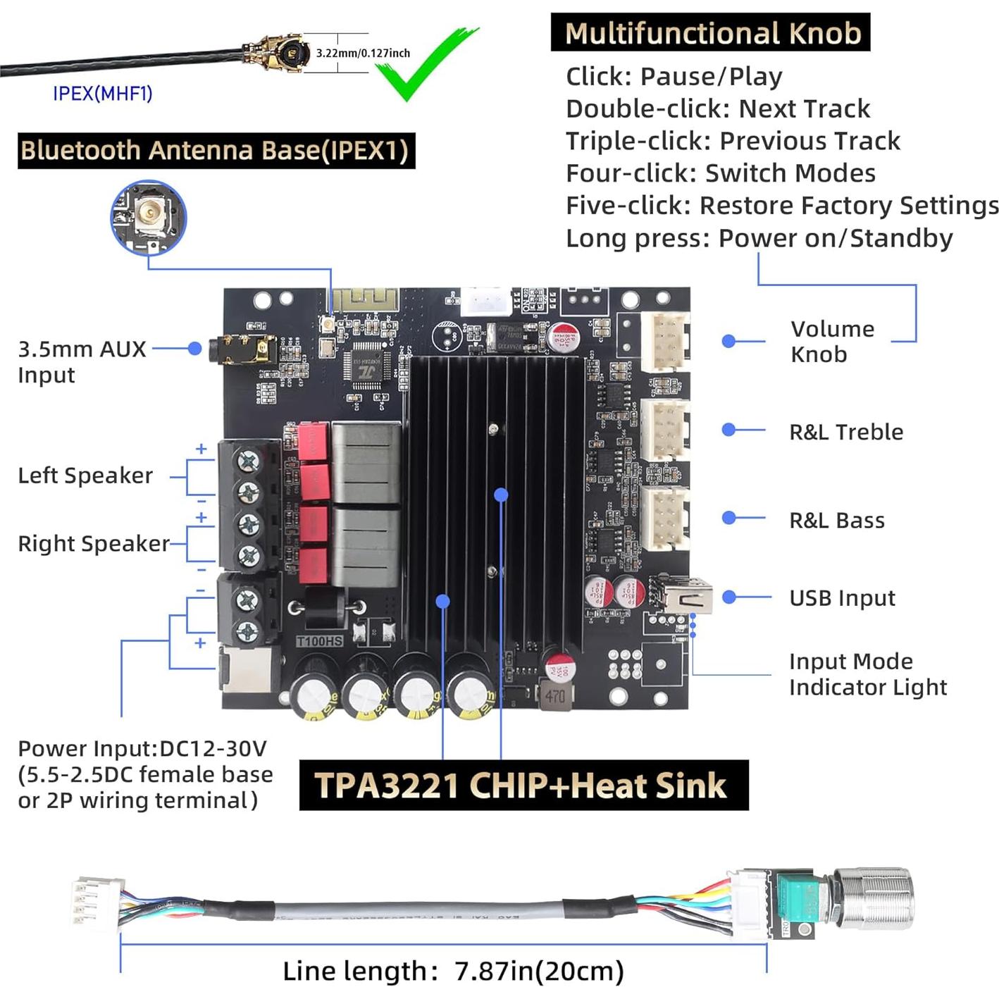 Amplificador de Potencia T100HS-W 100W+100W Bluetooth 12V-30V