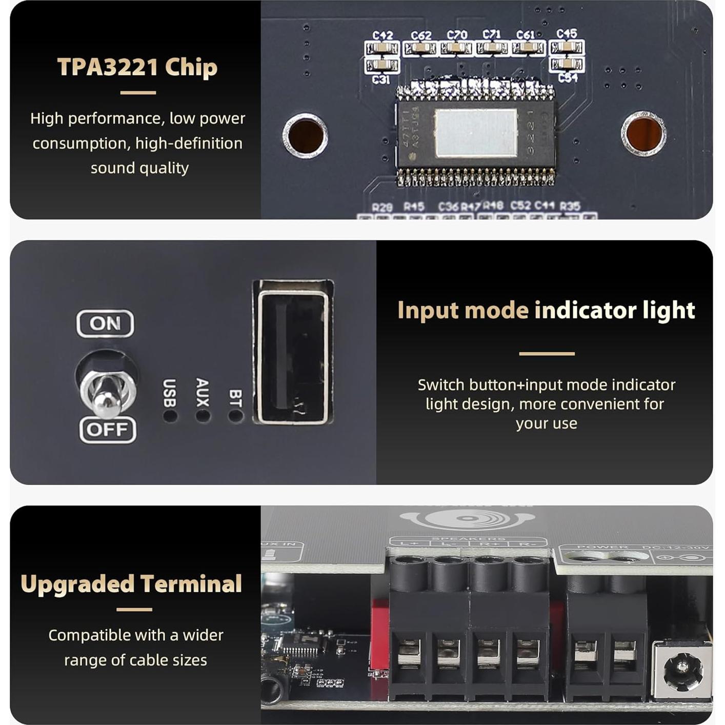 Amplificador de Potencia T100HS-W 100W+100W Bluetooth 12V-30V