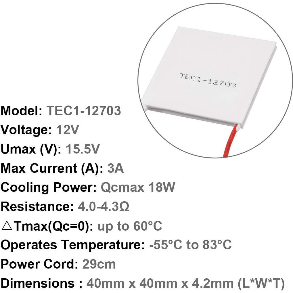 Enfriador Termoeléctrico uxcell TEC1-12703 12V 18W 40x40mm