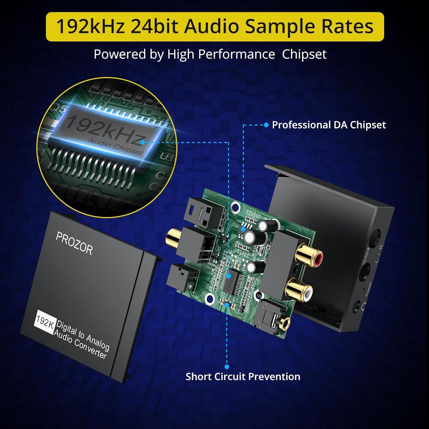 Convertidor de Audio Digital a Analógico PROZOR 192kHz RCA 3.5mm