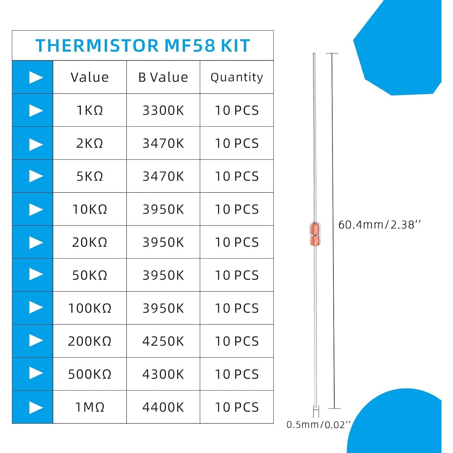 Kit 100 Resistencias Termistor NTC KOKISO 1K-1M Ohm 10 Valores