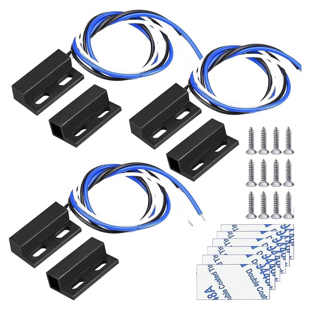 3 Juegos Interruptores Magnéticos Negro NO/NC 30cm para Alarma