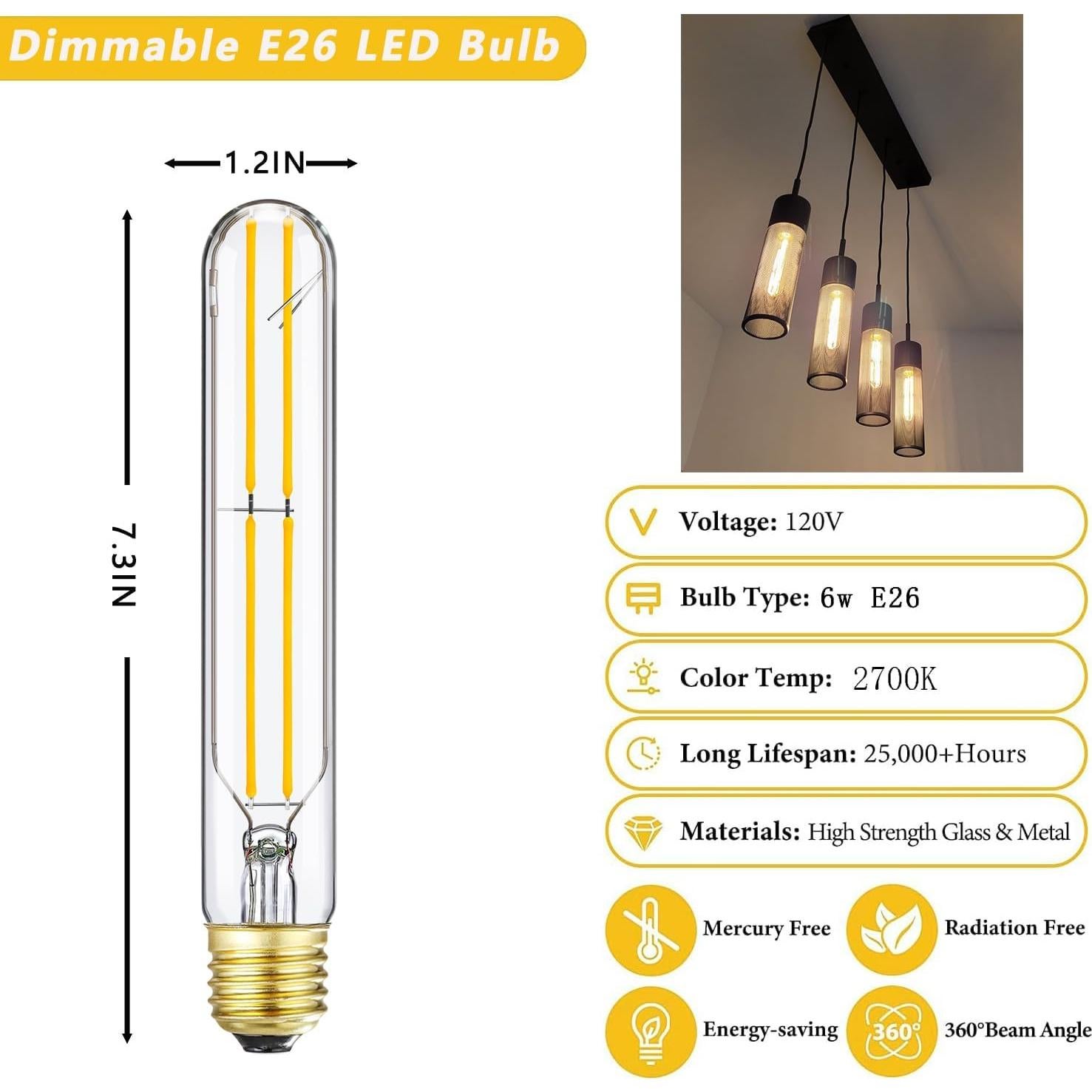 Bombilla LED Regulable E26 T10 6W 2700K 600LM 4Pack